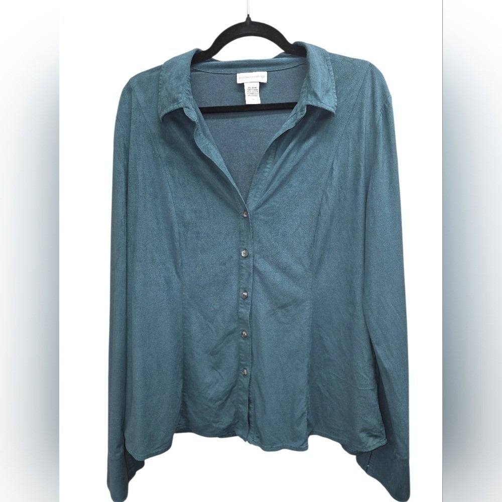 Soft Surroundings Teal Button Front Knit Blouse Medium Stretch Long Sleeve XL